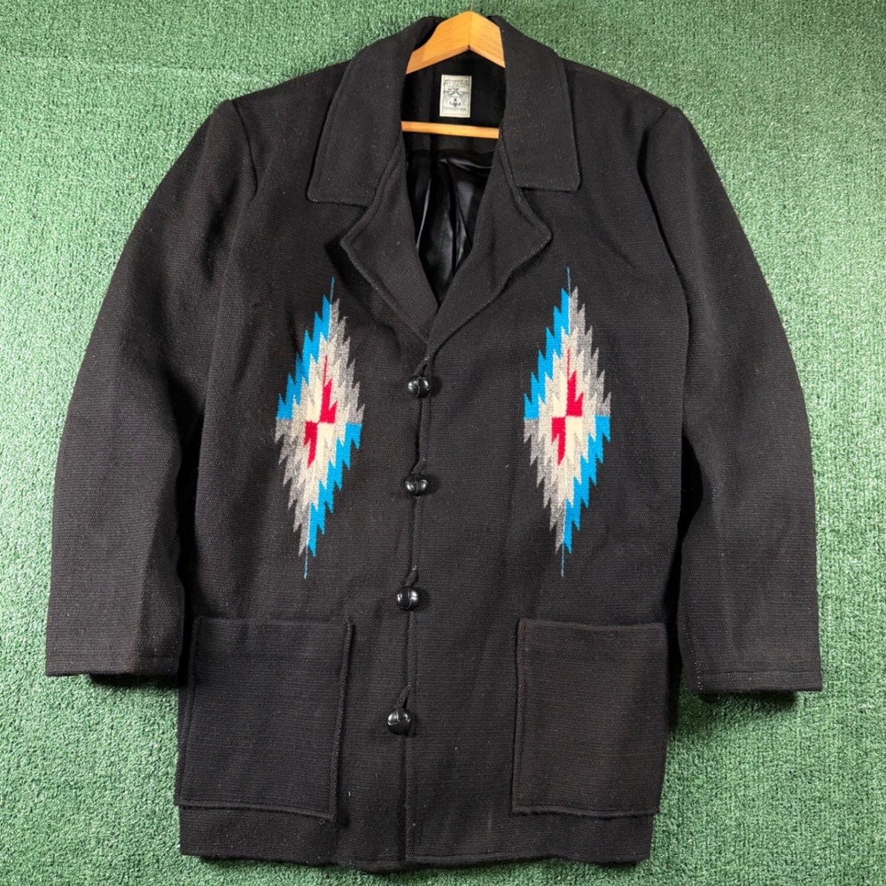 Vintage Ortega's Chimayo Wool Jacket Mens 42 Black Hand Woven Southwestern Coat